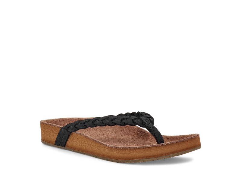 Sanuk She Loungy Braid Läder Flip Flop Dam Svarta | JSOP1179