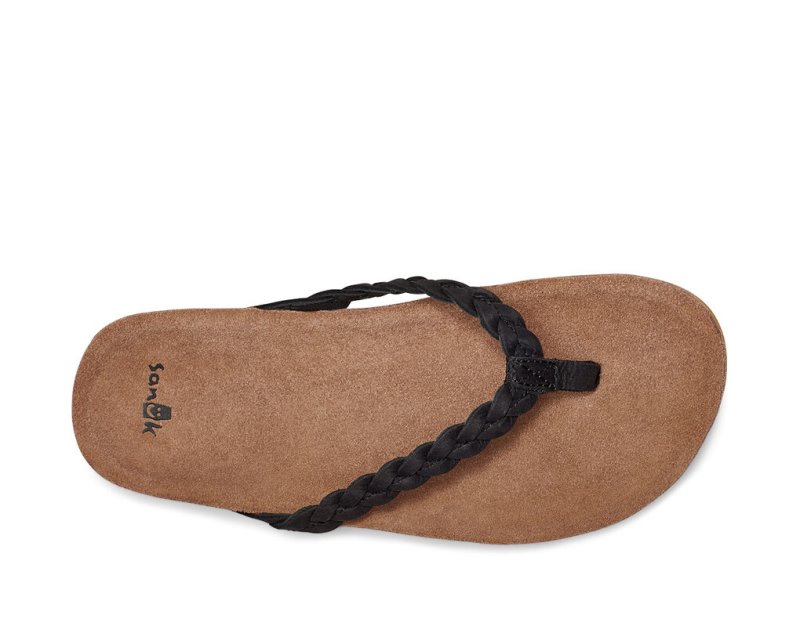 Sanuk She Loungy Braid Läder Flip Flop Dam Svarta | JSOP1179