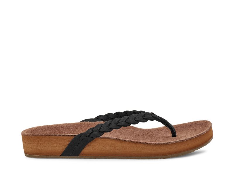 Sanuk She Loungy Braid Läder Flip Flop Dam Svarta | JSOP1179